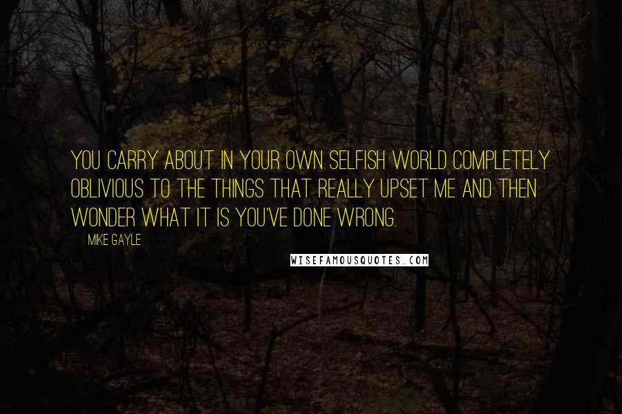 Mike Gayle Quotes: You carry about in your own selfish world completely oblivious to the things that really upset me and then wonder what it is you've done wrong.