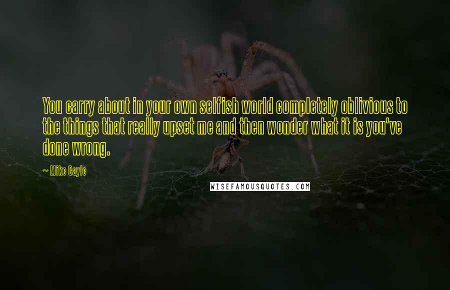 Mike Gayle Quotes: You carry about in your own selfish world completely oblivious to the things that really upset me and then wonder what it is you've done wrong.