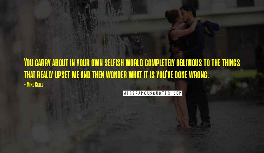 Mike Gayle Quotes: You carry about in your own selfish world completely oblivious to the things that really upset me and then wonder what it is you've done wrong.