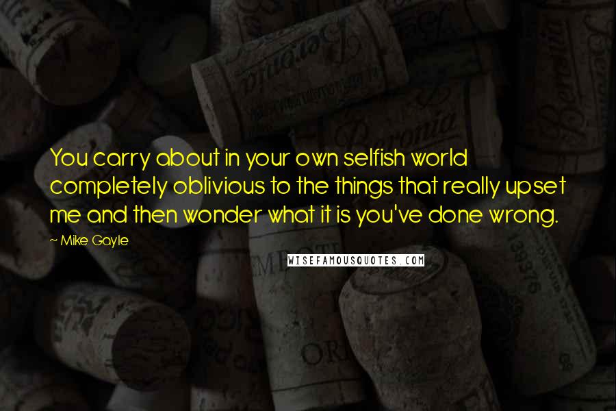 Mike Gayle Quotes: You carry about in your own selfish world completely oblivious to the things that really upset me and then wonder what it is you've done wrong.