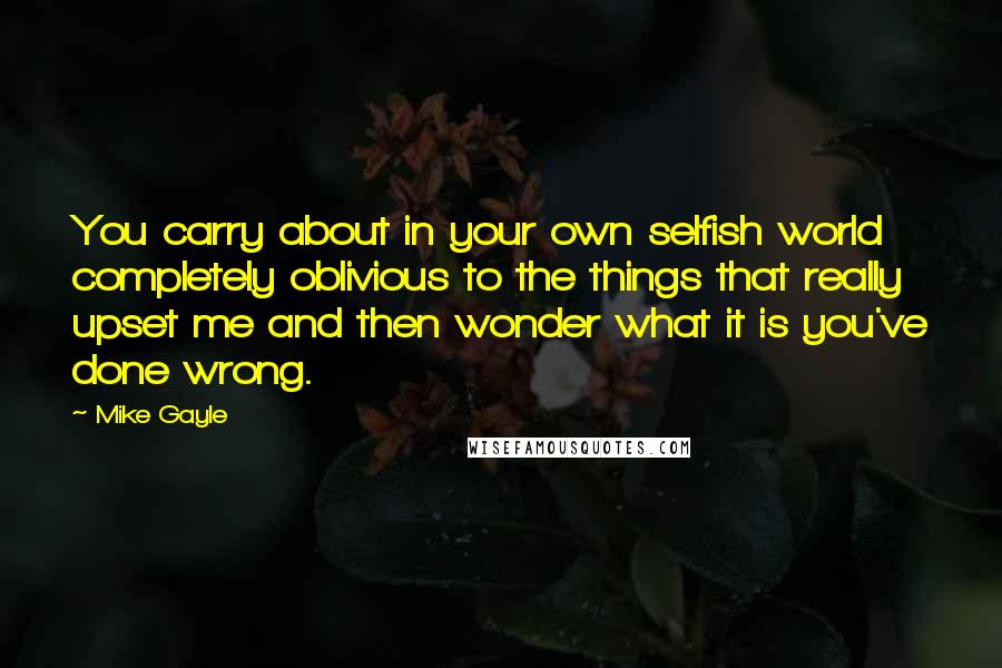 Mike Gayle Quotes: You carry about in your own selfish world completely oblivious to the things that really upset me and then wonder what it is you've done wrong.