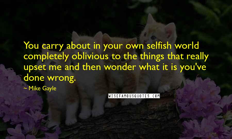 Mike Gayle Quotes: You carry about in your own selfish world completely oblivious to the things that really upset me and then wonder what it is you've done wrong.