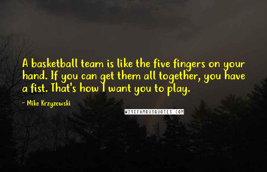 Mike Krzyzewski Quotes: A basketball team is like the five fingers on your hand. If you can get them all together, you have a fist. That's how I want you to play.