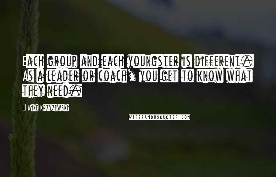 Mike Krzyzewski Quotes: Each group and each youngster is different. As a leader or coach, you get to know what they need.