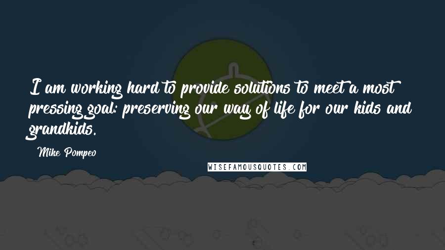 Mike Pompeo Quotes: I am working hard to provide solutions to meet a most pressing goal: preserving our way of life for our kids and grandkids.