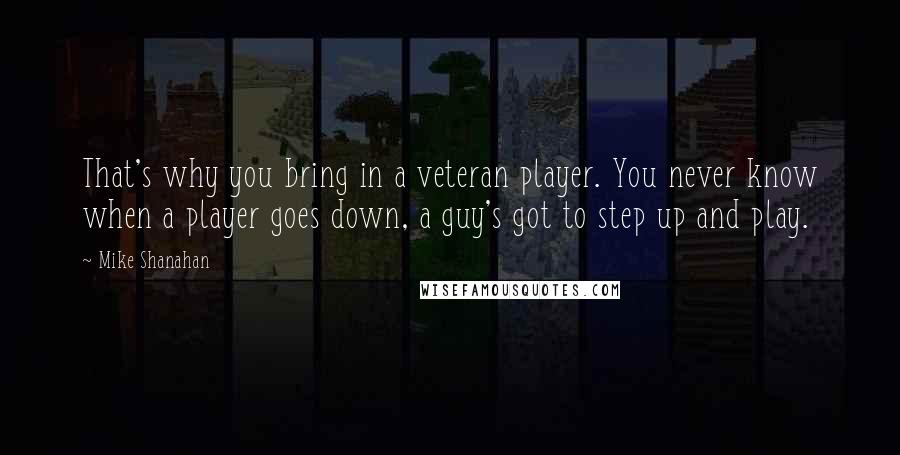 Mike Shanahan Quotes: That's why you bring in a veteran player. You never know when a player goes down, a guy's got to step up and play.