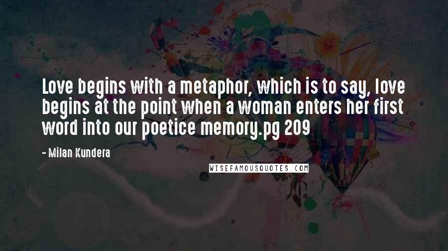 Milan Kundera Quotes: Love begins with a metaphor, which is to say, love begins at the point when a woman enters her first word into our poetice memory.pg 209