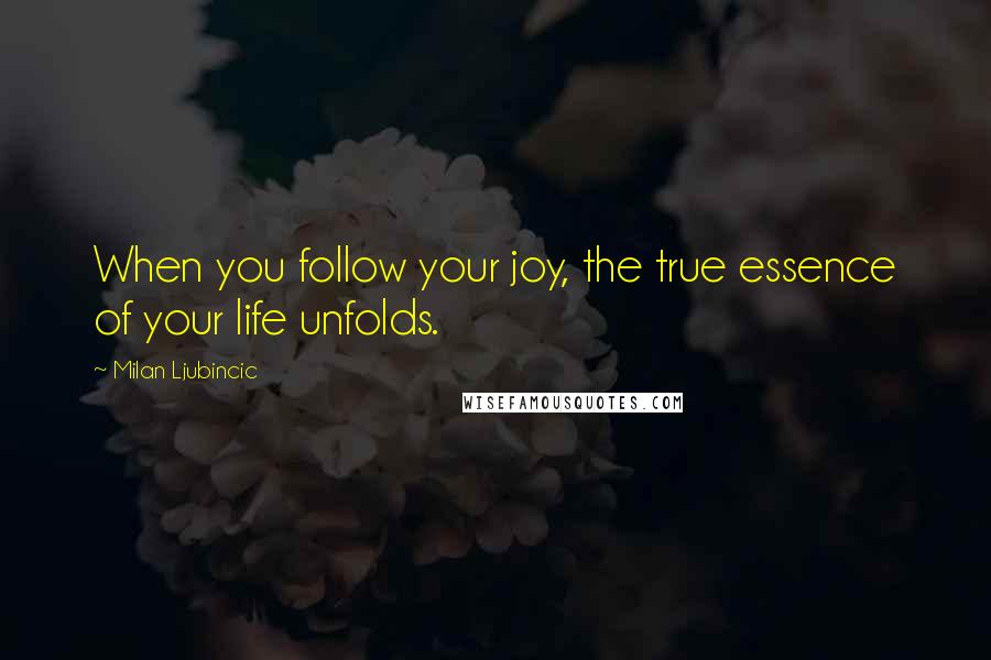Milan Ljubincic Quotes: When you follow your joy, the true essence of your life unfolds.