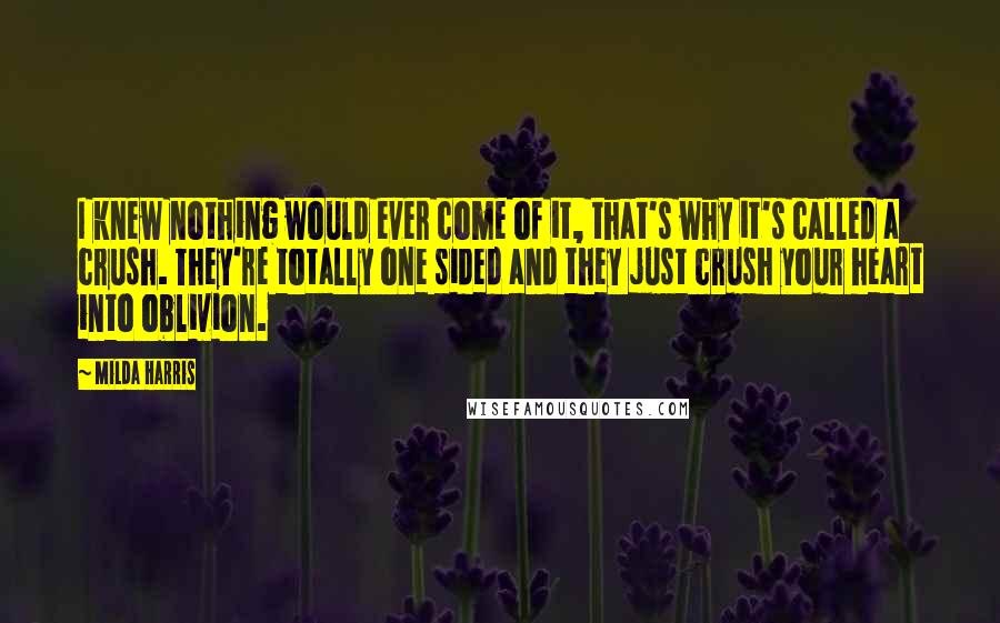 Milda Harris Quotes: I knew nothing would ever come of it, that's why it's called a crush. They're totally one sided and they just crush your heart into oblivion.