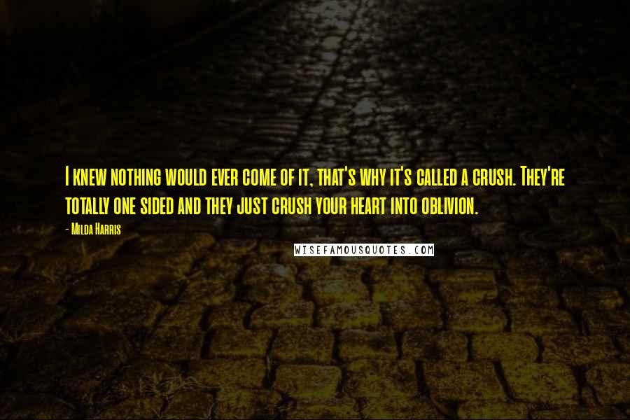 Milda Harris Quotes: I knew nothing would ever come of it, that's why it's called a crush. They're totally one sided and they just crush your heart into oblivion.