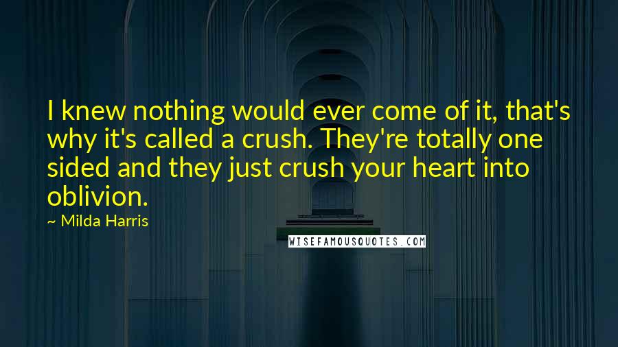 Milda Harris Quotes: I knew nothing would ever come of it, that's why it's called a crush. They're totally one sided and they just crush your heart into oblivion.
