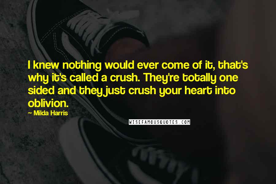 Milda Harris Quotes: I knew nothing would ever come of it, that's why it's called a crush. They're totally one sided and they just crush your heart into oblivion.