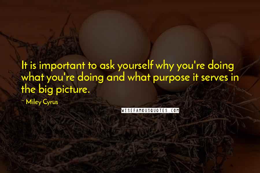 Miley Cyrus Quotes: It is important to ask yourself why you're doing what you're doing and what purpose it serves in the big picture.