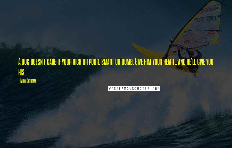 Milo Gathema Quotes: A dog doesn't care if your rich or poor, smart or dumb. Give him your heart.. and he'll give you his.