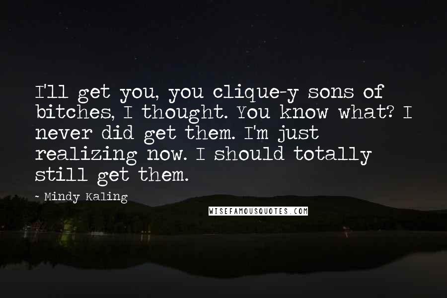 Mindy Kaling Quotes: I'll get you, you clique-y sons of bitches, I thought. You know what? I never did get them. I'm just realizing now. I should totally still get them.