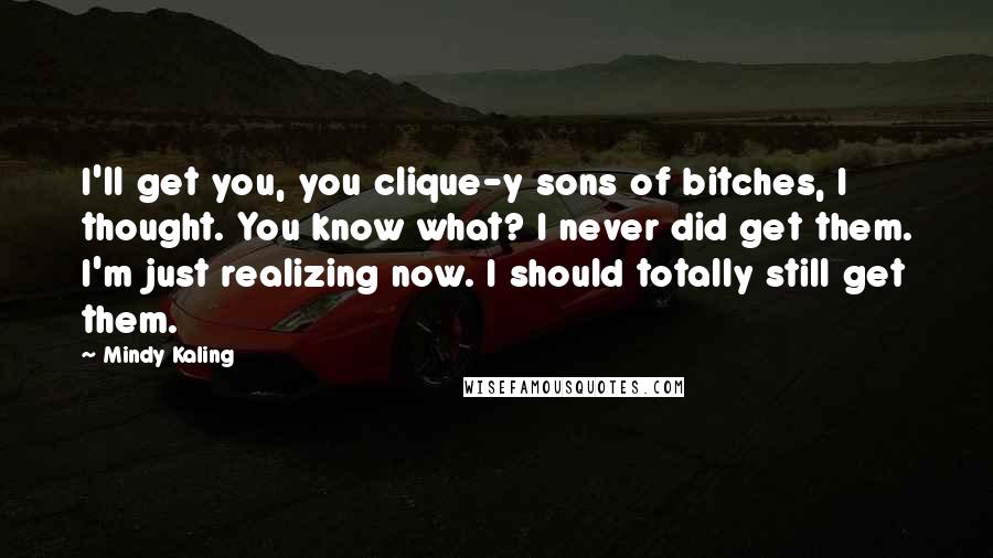 Mindy Kaling Quotes: I'll get you, you clique-y sons of bitches, I thought. You know what? I never did get them. I'm just realizing now. I should totally still get them.