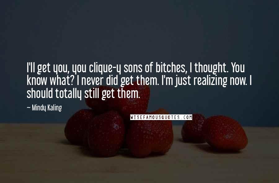 Mindy Kaling Quotes: I'll get you, you clique-y sons of bitches, I thought. You know what? I never did get them. I'm just realizing now. I should totally still get them.