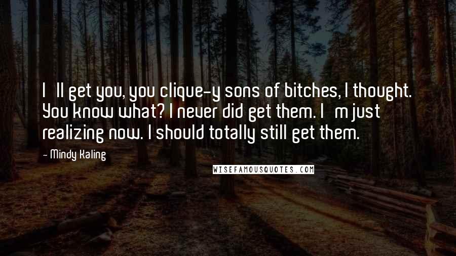 Mindy Kaling Quotes: I'll get you, you clique-y sons of bitches, I thought. You know what? I never did get them. I'm just realizing now. I should totally still get them.