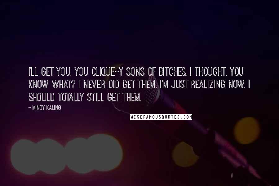 Mindy Kaling Quotes: I'll get you, you clique-y sons of bitches, I thought. You know what? I never did get them. I'm just realizing now. I should totally still get them.