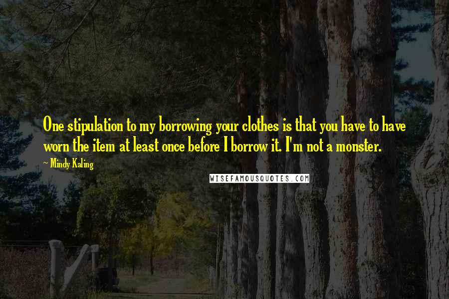 Mindy Kaling Quotes: One stipulation to my borrowing your clothes is that you have to have worn the item at least once before I borrow it. I'm not a monster.