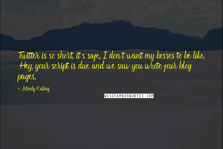 Mindy Kaling Quotes: Twitter is so short, it's safe. I don't want my bosses to be like, 'Hey, your script is due and we saw you wrote four blog pages.'