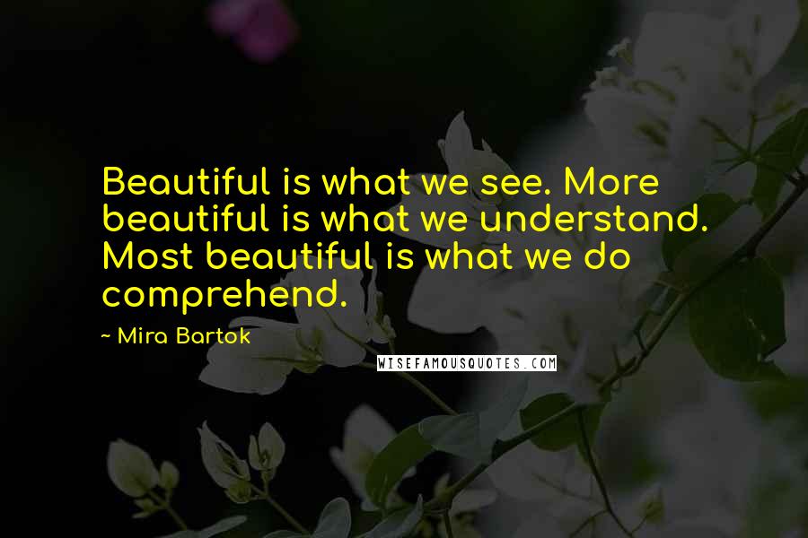 Mira Bartok Quotes: Beautiful is what we see. More beautiful is what we understand. Most beautiful is what we do comprehend.
