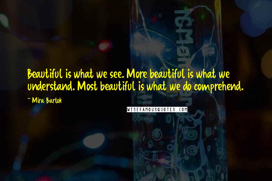 Mira Bartok Quotes: Beautiful is what we see. More beautiful is what we understand. Most beautiful is what we do comprehend.