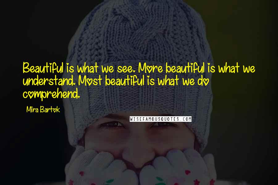 Mira Bartok Quotes: Beautiful is what we see. More beautiful is what we understand. Most beautiful is what we do comprehend.