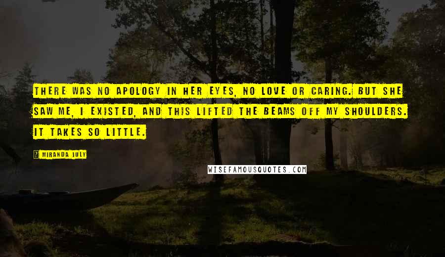 Miranda July Quotes: There was no apology in her eyes, no love or caring. But she saw me, I existed, and this lifted the beams off my shoulders. It takes so little.