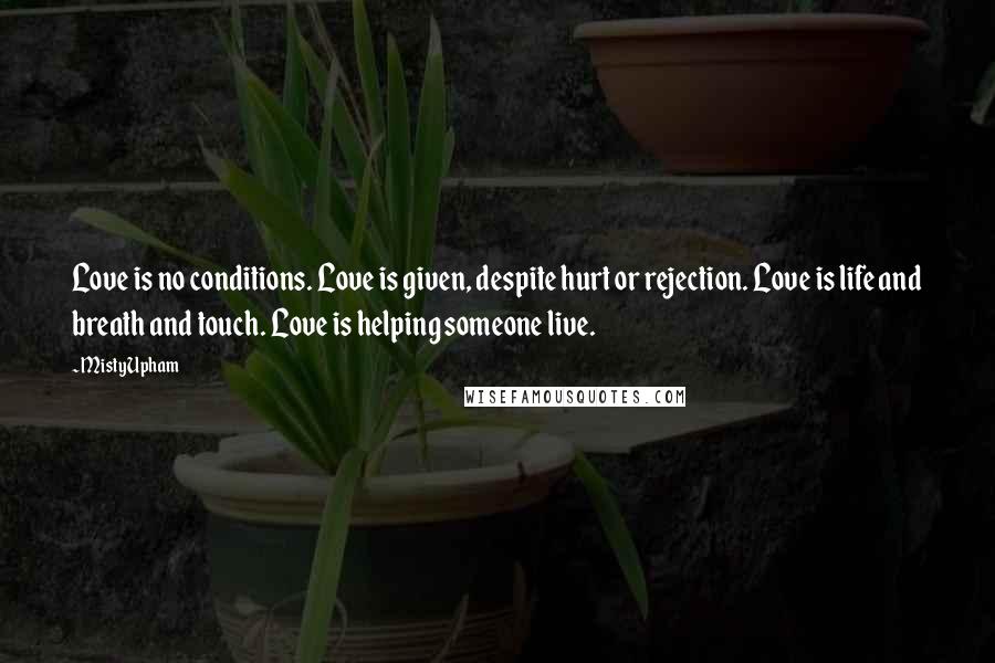 Misty Upham Quotes: Love is no conditions. Love is given, despite hurt or rejection. Love is life and breath and touch. Love is helping someone live.