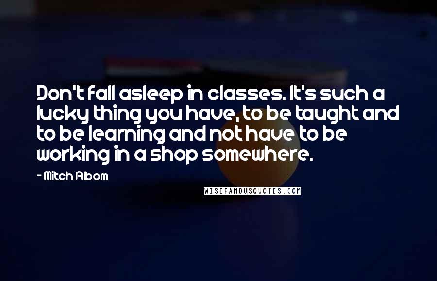 Mitch Albom Quotes: Don't fall asleep in classes. It's such a lucky thing you have, to be taught and to be learning and not have to be working in a shop somewhere.