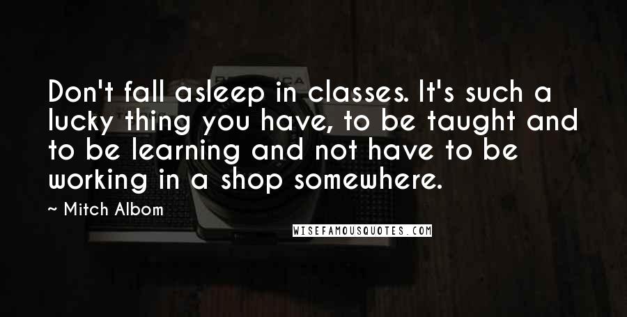 Mitch Albom Quotes: Don't fall asleep in classes. It's such a lucky thing you have, to be taught and to be learning and not have to be working in a shop somewhere.
