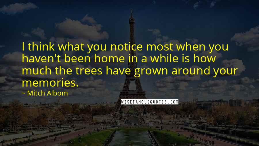 Mitch Albom Quotes: I think what you notice most when you haven't been home in a while is how much the trees have grown around your memories.