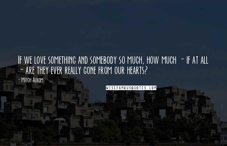 Mitch Albom Quotes: If we love something and somebody so much, how much - if at all - are they ever really gone from our hearts?