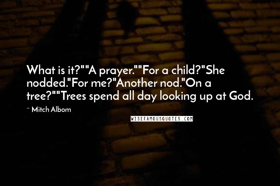 Mitch Albom Quotes: What is it?""A prayer.""For a child?"She nodded."For me?"Another nod."On a tree?""Trees spend all day looking up at God.