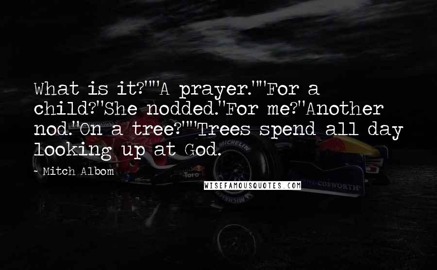 Mitch Albom Quotes: What is it?""A prayer.""For a child?"She nodded."For me?"Another nod."On a tree?""Trees spend all day looking up at God.