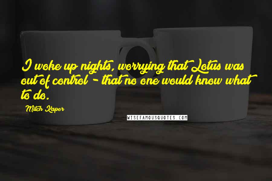 Mitch Kapor Quotes: I woke up nights, worrying that Lotus was out of control - that no one would know what to do.