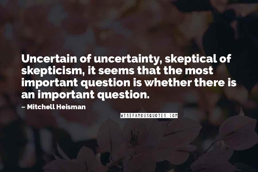 Mitchell Heisman Quotes: Uncertain of uncertainty, skeptical of skepticism, it seems that the most important question is whether there is an important question.