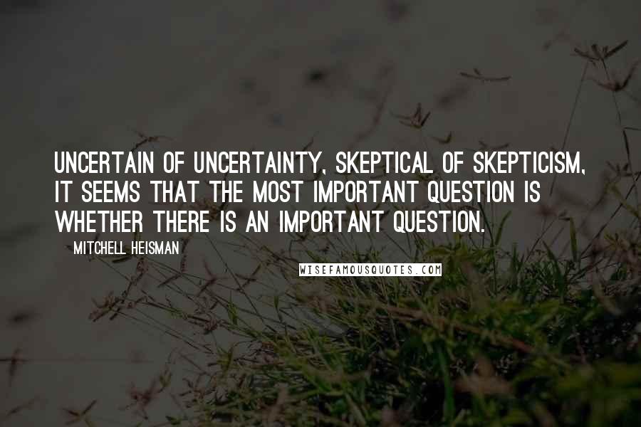 Mitchell Heisman Quotes: Uncertain of uncertainty, skeptical of skepticism, it seems that the most important question is whether there is an important question.