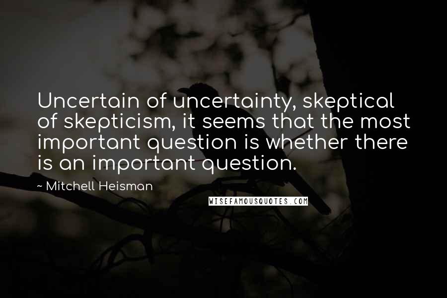 Mitchell Heisman Quotes: Uncertain of uncertainty, skeptical of skepticism, it seems that the most important question is whether there is an important question.