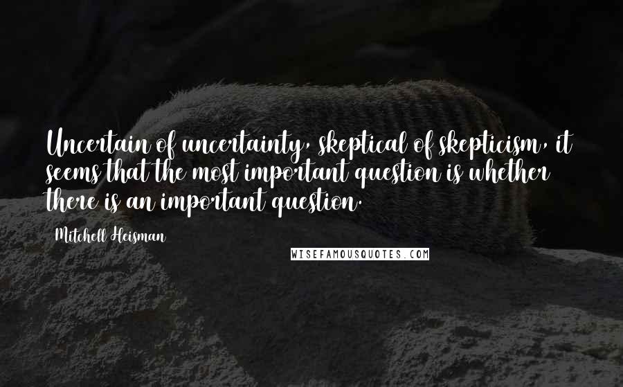 Mitchell Heisman Quotes: Uncertain of uncertainty, skeptical of skepticism, it seems that the most important question is whether there is an important question.