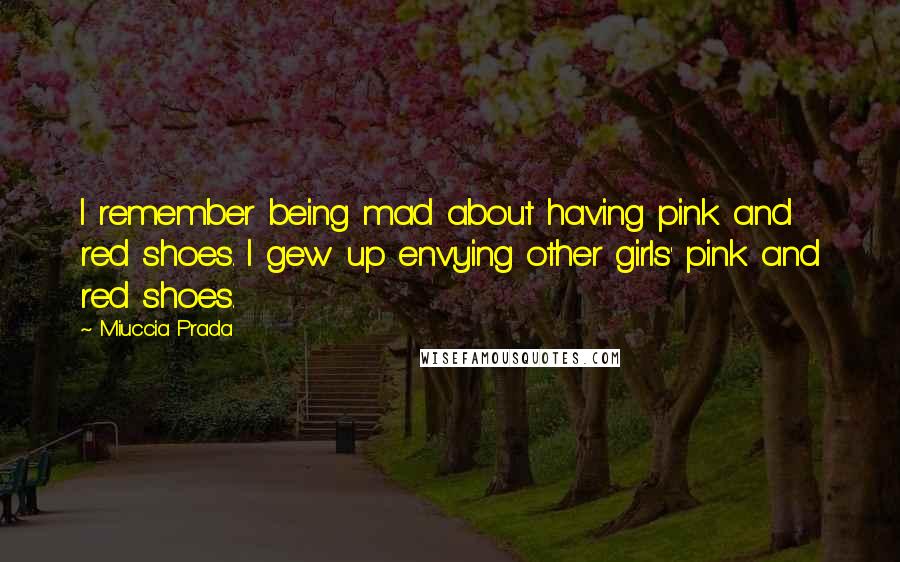 Miuccia Prada Quotes: I remember being mad about having pink and red shoes. I gew up envying other girls' pink and red shoes.