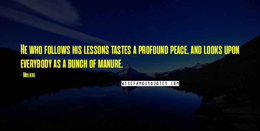 Moliere Quotes: He who follows his lessons tastes a profound peace, and looks upon everybody as a bunch of manure.