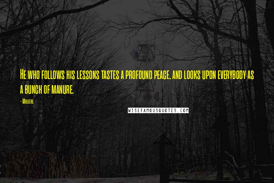 Moliere Quotes: He who follows his lessons tastes a profound peace, and looks upon everybody as a bunch of manure.