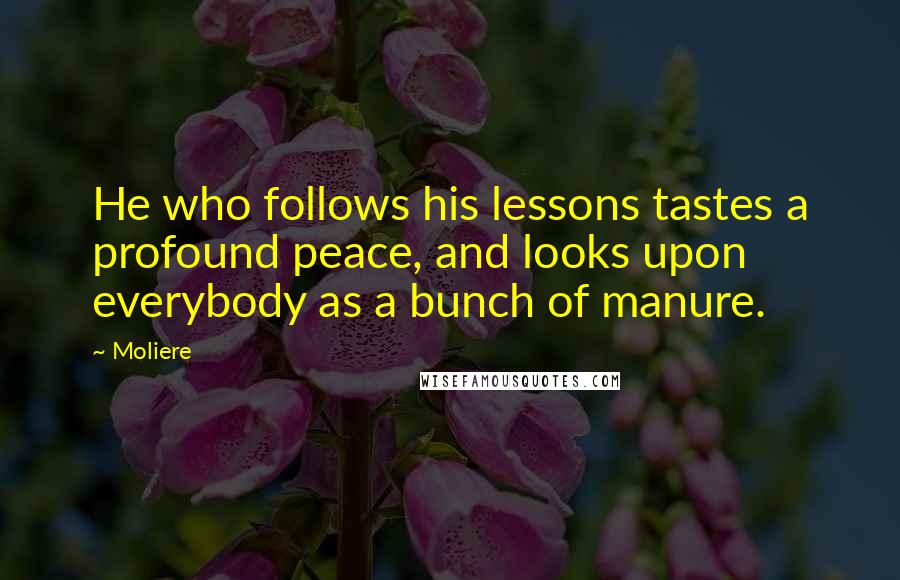 Moliere Quotes: He who follows his lessons tastes a profound peace, and looks upon everybody as a bunch of manure.