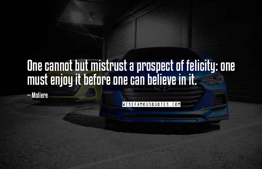 Moliere Quotes: One cannot but mistrust a prospect of felicity: one must enjoy it before one can believe in it.