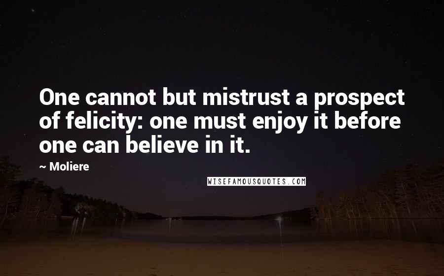 Moliere Quotes: One cannot but mistrust a prospect of felicity: one must enjoy it before one can believe in it.