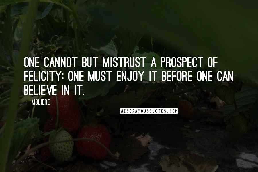 Moliere Quotes: One cannot but mistrust a prospect of felicity: one must enjoy it before one can believe in it.