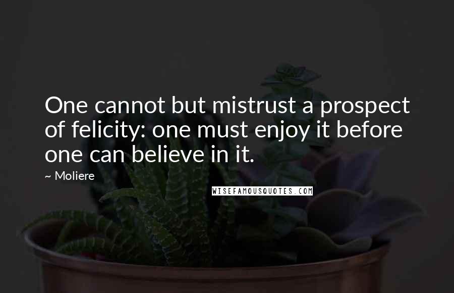 Moliere Quotes: One cannot but mistrust a prospect of felicity: one must enjoy it before one can believe in it.