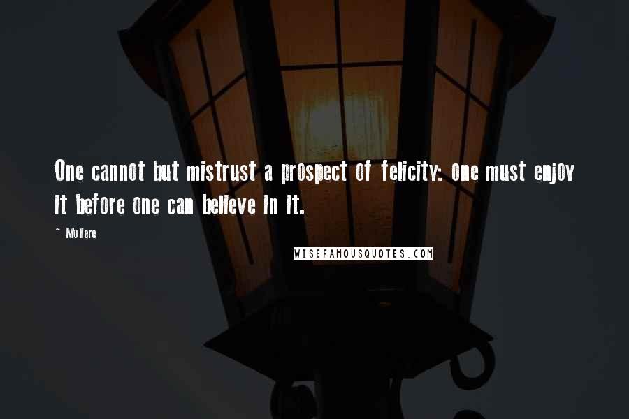 Moliere Quotes: One cannot but mistrust a prospect of felicity: one must enjoy it before one can believe in it.